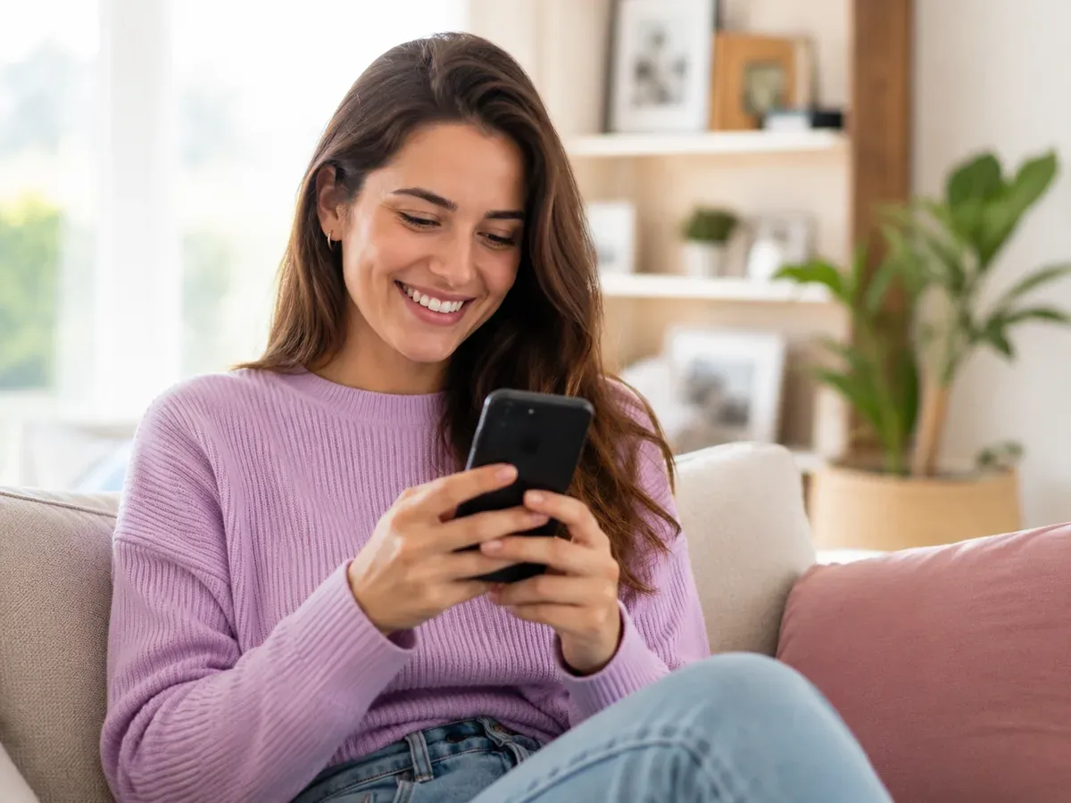 Mujer sonriendo mientras usa su celular con imowi