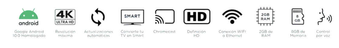 Características del Deco Android TV: Android TV, 4K, actualizaciones automáticas, Smart, HDMI/Ethernet, HD, WiFi, 2GB RAM