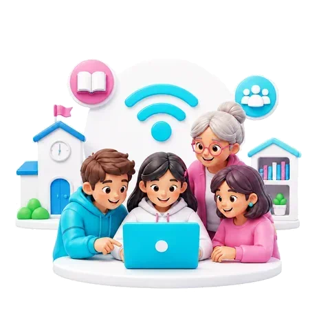 Familia conectada a internet junto a una escuela y una biblioteca